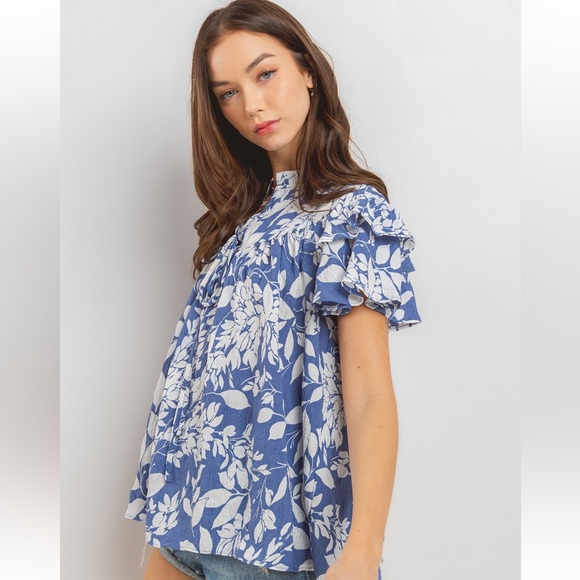 09 Boho Leaf Print Ruffle Sleeve Blouse Top - Picture 4 of 7